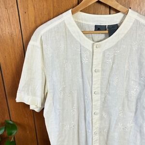 Vintage Lizwear Linen Blend Embroidered‎ Button Up Shirt Floral Cottagecore